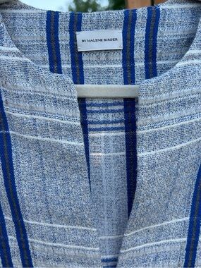 Malene Birger |S| Textured Linen Blend Blue Striped Tunic Top Frayed Sleeve